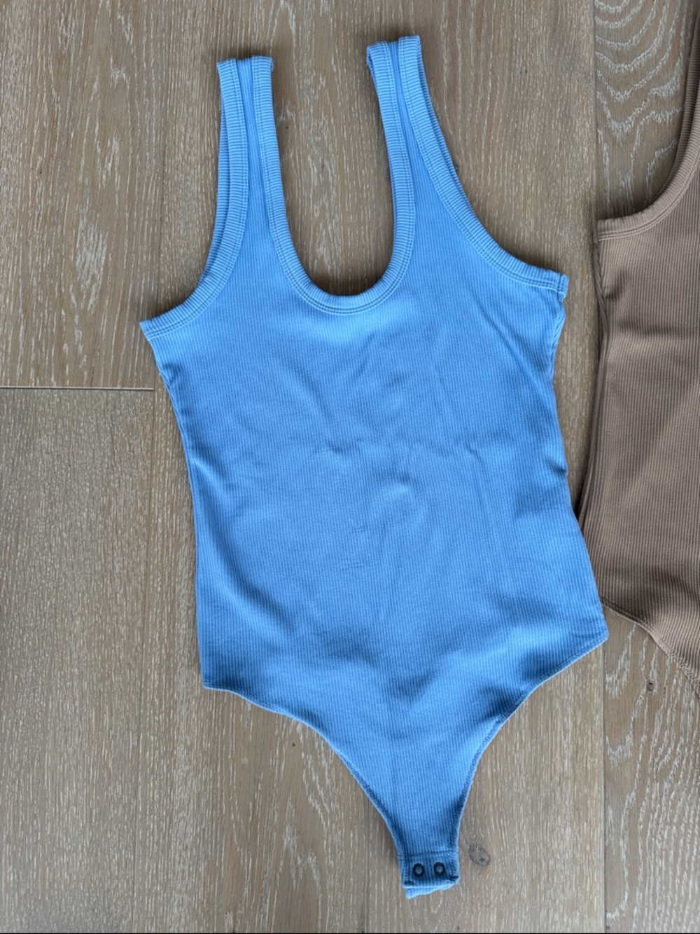 Abercrombie & Fitch Women’s Ribbed One-Piece Bodysuit in Light Blue and Taupe. - Picture 2 of 10